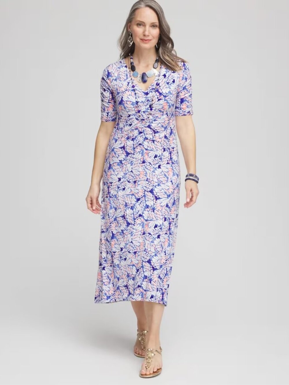 Chico's Blue White Ruched Jersey Midi‎ Dress Size Small